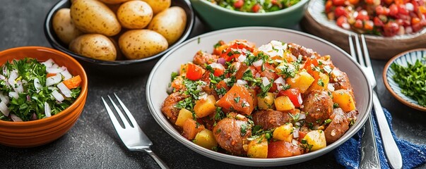 Colorful and Freshly Prepared Vegetable Stew with Herbs, Potatoes, and Side Dishes on Table