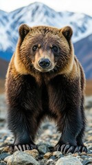 Obraz premium A close-up of a brown bear standing on rocky terrain with mountains in the background.