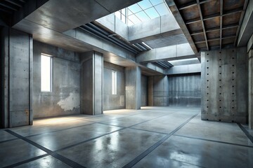 old abandoned building interior interior mockup in wabi-sabi style with low sofa, jute rug and dried grass decoration on empty warm neutral wall background. 3d rendering