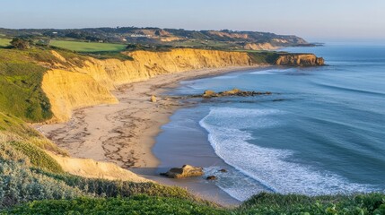 Tranquil Coastal Landscape at Sunrise with Golden Cliffs and Calm Waters, Capturing the Beauty of Nature in a Serene Oceanview Setting