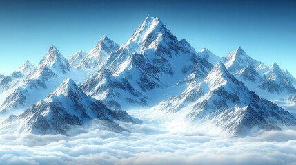 Obraz premium Majestic snow-capped mountain range peaks rising above a sea of clouds under a clear blue sky.