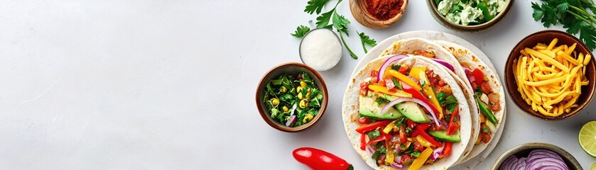 Colorful Tacos with Fresh Vegetables and Toppings on a Light Surface for Culinary Inspiration