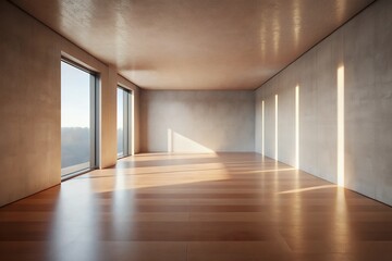 empty room with a window interior mockup in wabi-sabi style with low sofa, jute rug and dried grass decoration on empty warm neutral wall background. 3d rendering