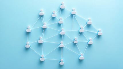 A conceptual image showing a network of blue spheres interconnected by lines, representing complex systems, technology, and communication on a sleek surface. blue light background