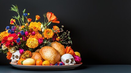 Vibrant Floral Arrangement with Skulls and Fresh Fruits Display