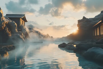 Scenic onsen overlooking a peaceful lake with misty morning light.