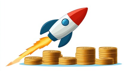 Rocket launching from stacks of coins; success, growth, investment, business concept