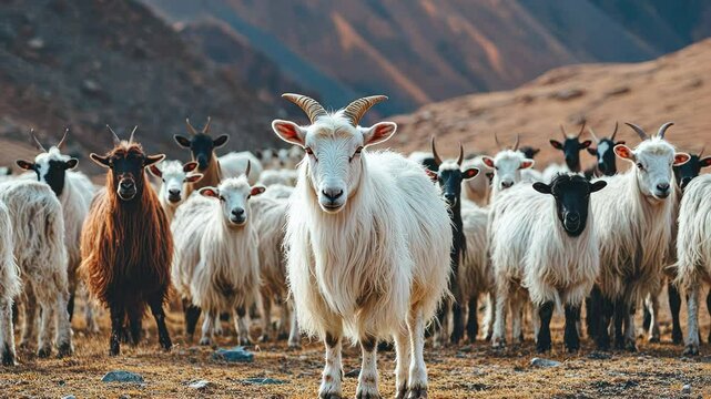 Pashmina wool cashmere goats grazing in highland pasture under mountainous backdrop, Flock of pashmina wool cashmere goats graze on highland pasture in Ladakh, north India