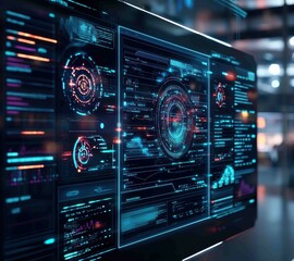 Obraz premium This futuristic data visualization dashboard displays intricate graphics and analytics, showcasing a blend of technology and design that enhances data interpretation and user interaction.