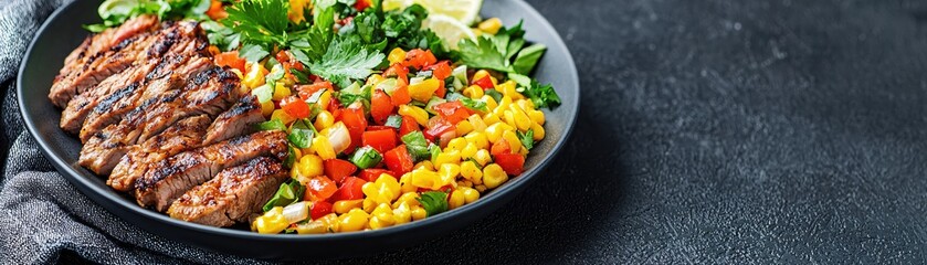 Grilled Steak with Colorful Corn Salad and Fresh Ingredients on Dark Stone Table