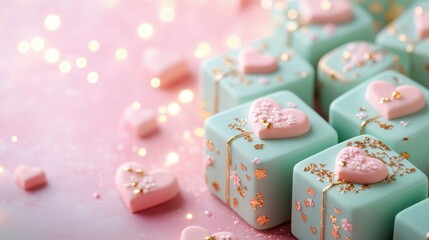 A flat-lay arrangement of hexagonal pastel green and gold gift boxes with delicate floral embossing, scattered with mini golden hearts, placed against a muted pink and lavender glowing heart bokeh