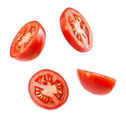 fresh tomato slices isolated on white transparent background, set of ripe tomato pieces, cutout png