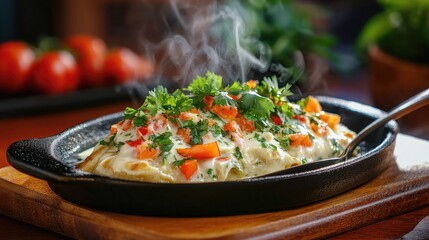 Deliciously Hot Steaming Dish of Spicy Mexican Cuisine with Herbs