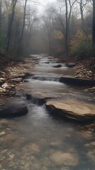Misty autumn creek flowing through forest.