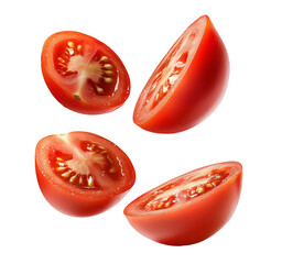 fresh tomato slices isolated on white transparent background, set of ripe tomato pieces, cutout png