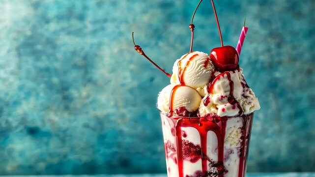 Delightful ice cream float topped with cherries and syrup against a vibrant background, Decadent ice cream float with cherries and syrup drizzle on textured blue background