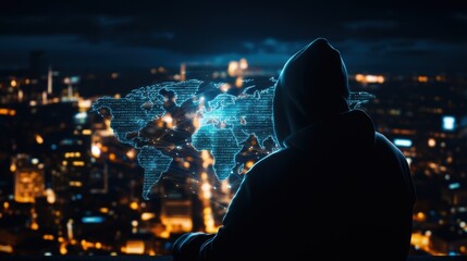 Fototapeta premium A hooded figure gazes over a city skyline, illuminated by digital maps, symbolizing technology, surveillance, and global connectivity.