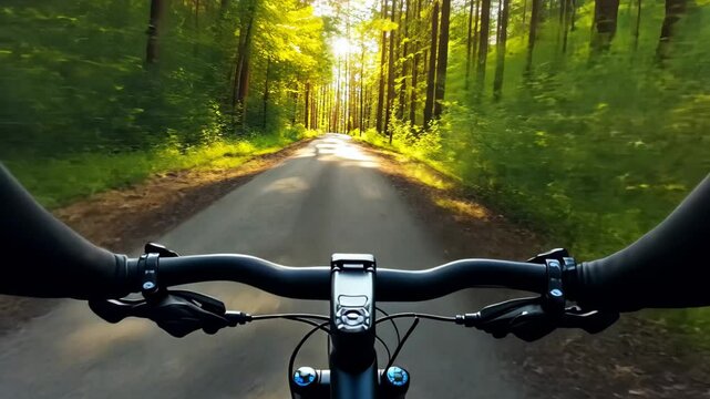 Bike handlebars on a sunlit forest road during a serene ride at sunset, Bike handlebars on road through forest, sunlight piercing trees