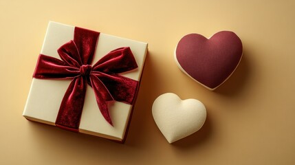 Top down view of a large rectangular box with a velvet red ribbon, placed next to a smaller cream-colored heart-shaped box on a solid pale yellow table, copy space, unique Valentine's day background