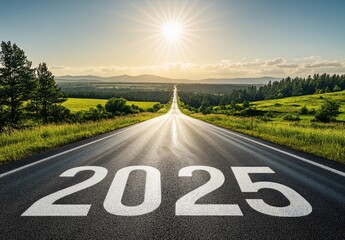 A road with a white arrow pointing up and the number 2025 written below it