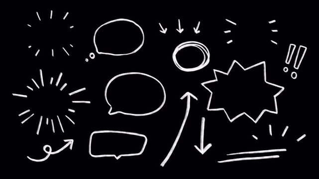 Set of cute doodle icons, wiggle animation stickers: Aura, sunray, speech bubbles, rough circle, exclamation, arrows, pint, underline, shouting chat box, on a transparent back ground, alpha channel 