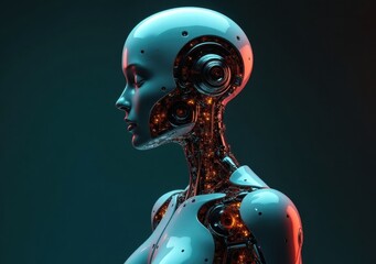 Naklejka premium Robotic figure with detailed circuitry lit in a dark futuristic design studio