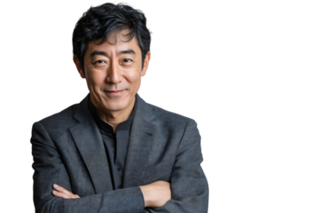 Confident Mature Asian Man in Gray Suit Portrait Arms Crossed Studio Shot