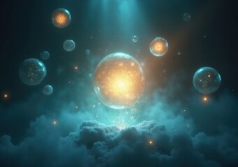 Fototapeta premium Colorful bubbles float in a mystical atmosphere with glowing spheres and clouds