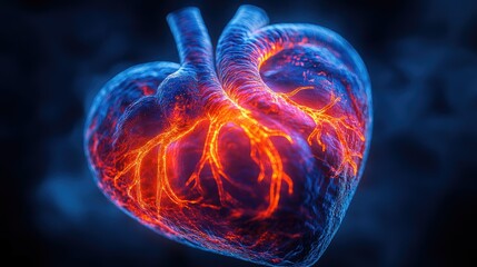 Burning heart, anatomical illustration, vibrant colors, medical imagery.