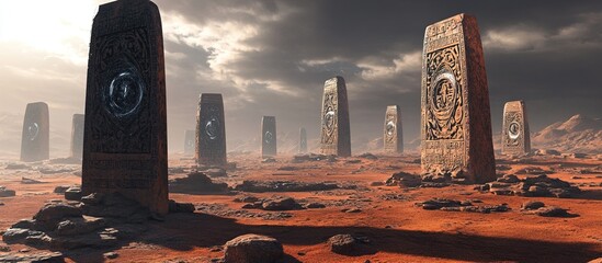 Ancient monoliths on a red desert planet.
