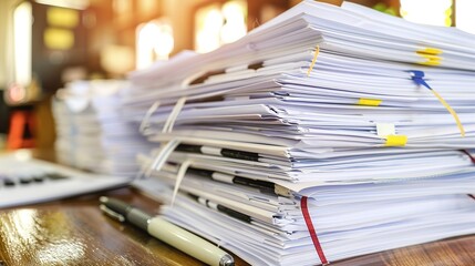 Close-up of a stack of documents with a calculator and pen on a wooden desk, symbolizing tax rules and financial planning.
