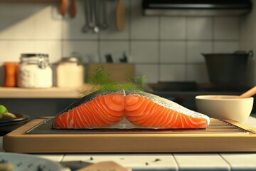 Fresh Salmon Fillet Ready For Cooking In Kitchen