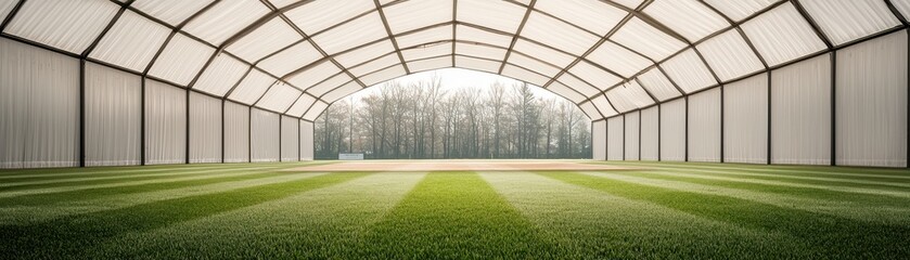 Obraz premium A spacious indoor facility with a clear structure, featuring lush green grass, ideal for sports or agricultural activities.