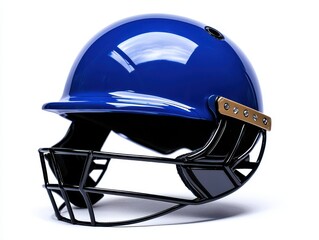 Fototapeta premium A shiny blue cricket helmet with a black grille, designed for protection during the game.