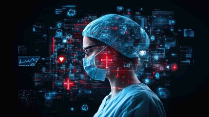 This striking image represents the intersection of healthcare and technology, showcasing a medical professional amid a digital landscape filled with data, symbols, and health metrics.
