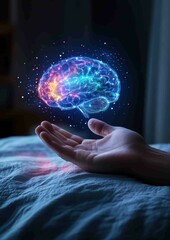 A luminous brain hovers above an outstretched hand, symbolizing the interplay between human potential and cognitive power.
