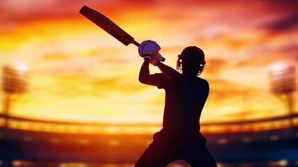 A silhouette of a cricket player preparing to bat against a vibrant sunset backdrop in a stadium.