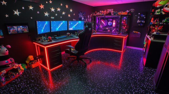 Neon-lit gaming setup with triple monitors and starry decor - Powered by Adobe