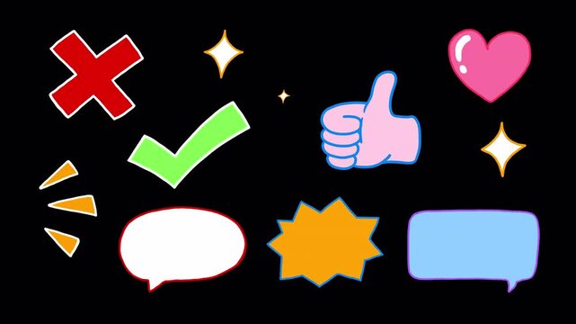 Set of cartoon icons, wiggle animation stickers, colored: Wrong cross, right, check, sparkle, stars, like symbol, love heart, speech bubble, box chat, shout on a transparent back ground