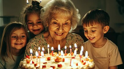 Family gathers around grandma to celebrate her birthday with cake and laughter, celebrate grandma's birthday with your family, full of joy and happiness