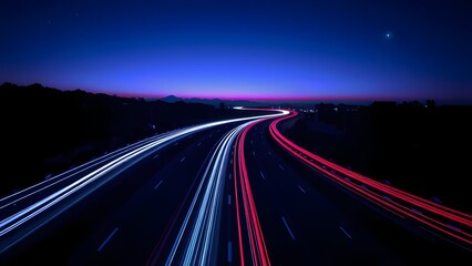 A journey through time and space, visualized as a neon-lit highway cutting through a dark landscape.