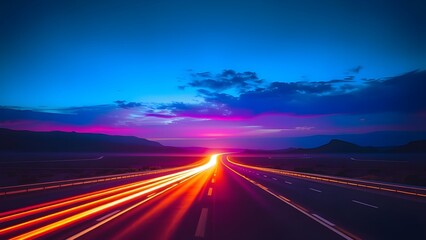 Obraz premium A journey through time and space, visualized as a neon-lit highway cutting through a dark landscape.