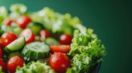 Fresh Salad with Cherry Tomatoes, Cucumber, and Lettuce in Bowl on Green Background, Close-up Food Photography for Restaurant Menu or Healthy Eating Advertising