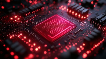 Obraz premium Red glowing CPU on circuit board, data processing, dark background, tech illustration