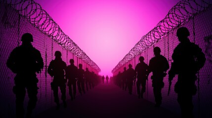 Naklejka premium Silhouettes of soldiers walking along a barbed wire fence against a vibrant pink background, creating a striking contrast of military presence and surreal color.