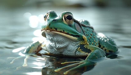 A green frog swims gracefully across the surface of the water, its webbed feet propelling it effortlessly 