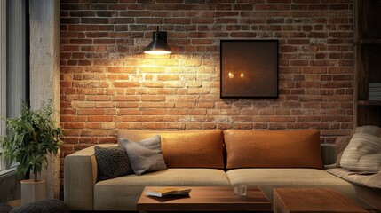 Modern Living Room with Brick Wall and Cozy Couch