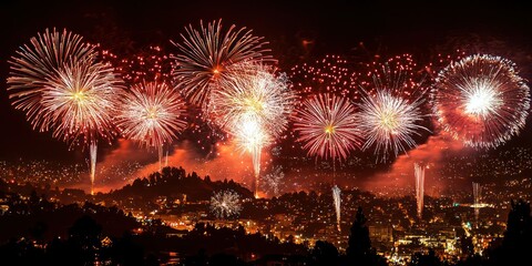 Fireworks over a cityscape, welcoming the New Year
