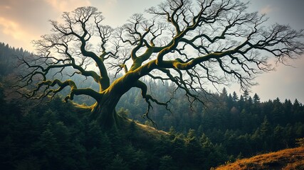 Fototapeta premium Majestic Moss-Covered Tree, Lush Forest Slope, Breathtaking Landscape