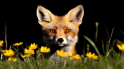 Red fox portrait amidst yellow flowers, dark background.